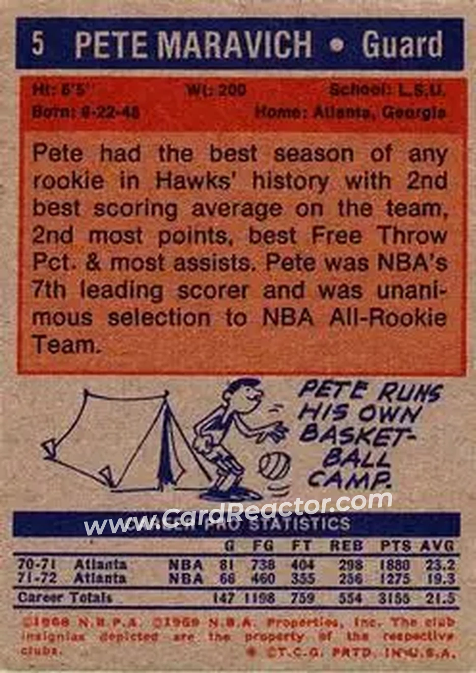 1972-73 Topps #5 - Pete Maravich - Atlanta Hawks - Back