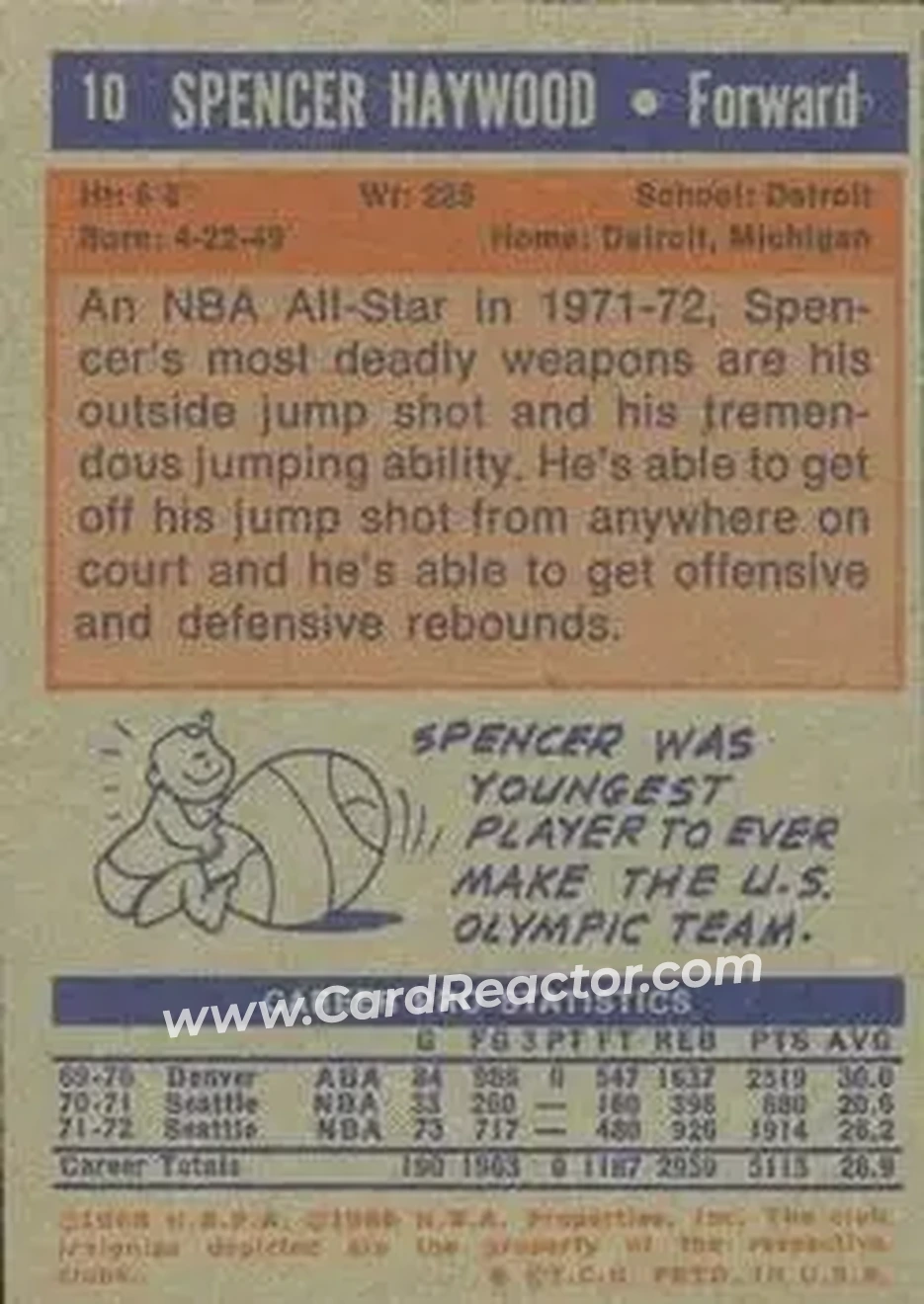 1972-73 Topps #10 - Spencer Haywood - Seattle SuperSonics - Back