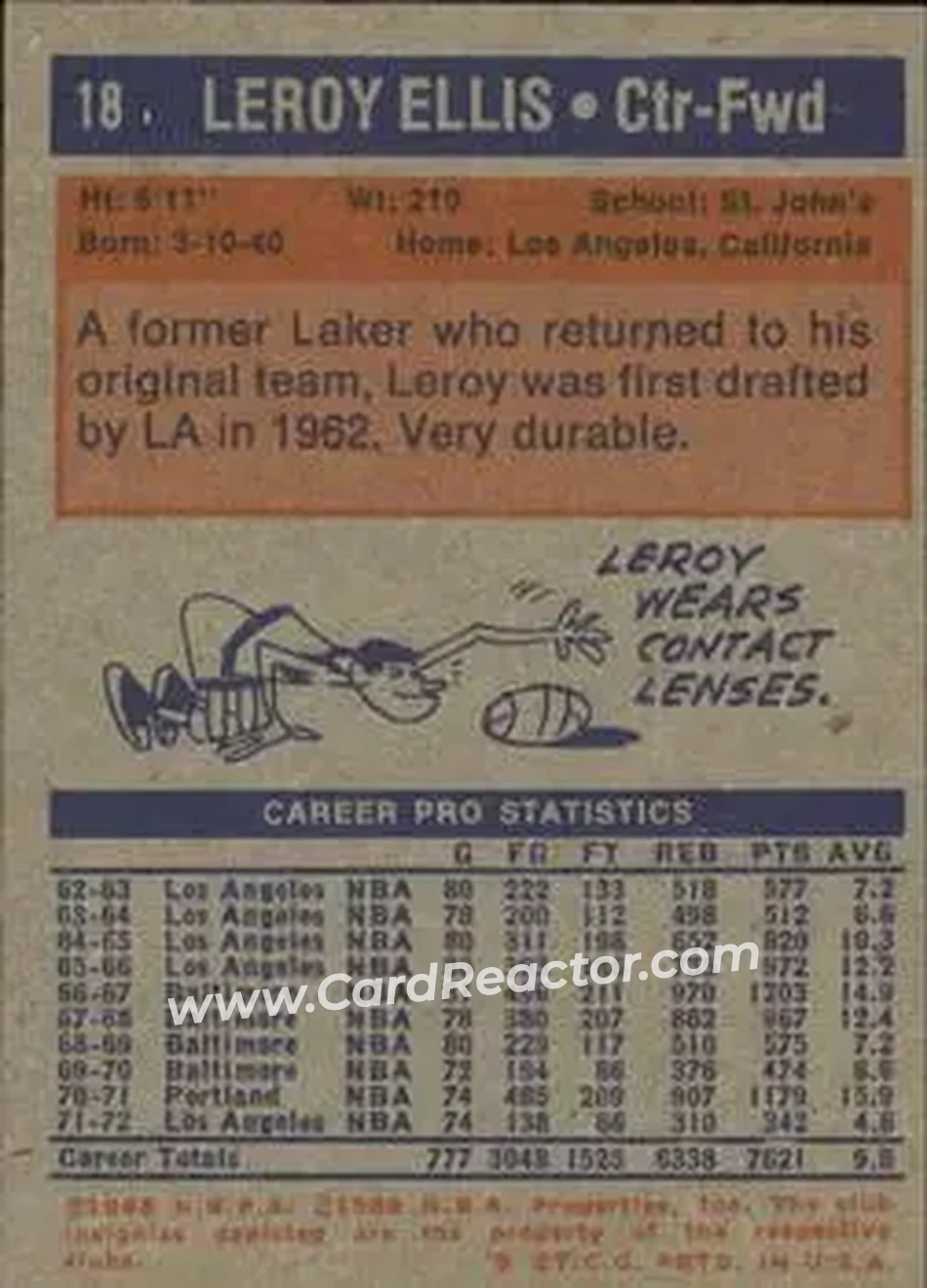 1972-73 Topps #18 - Leroy Ellis - Los Angeles Lakers - Back