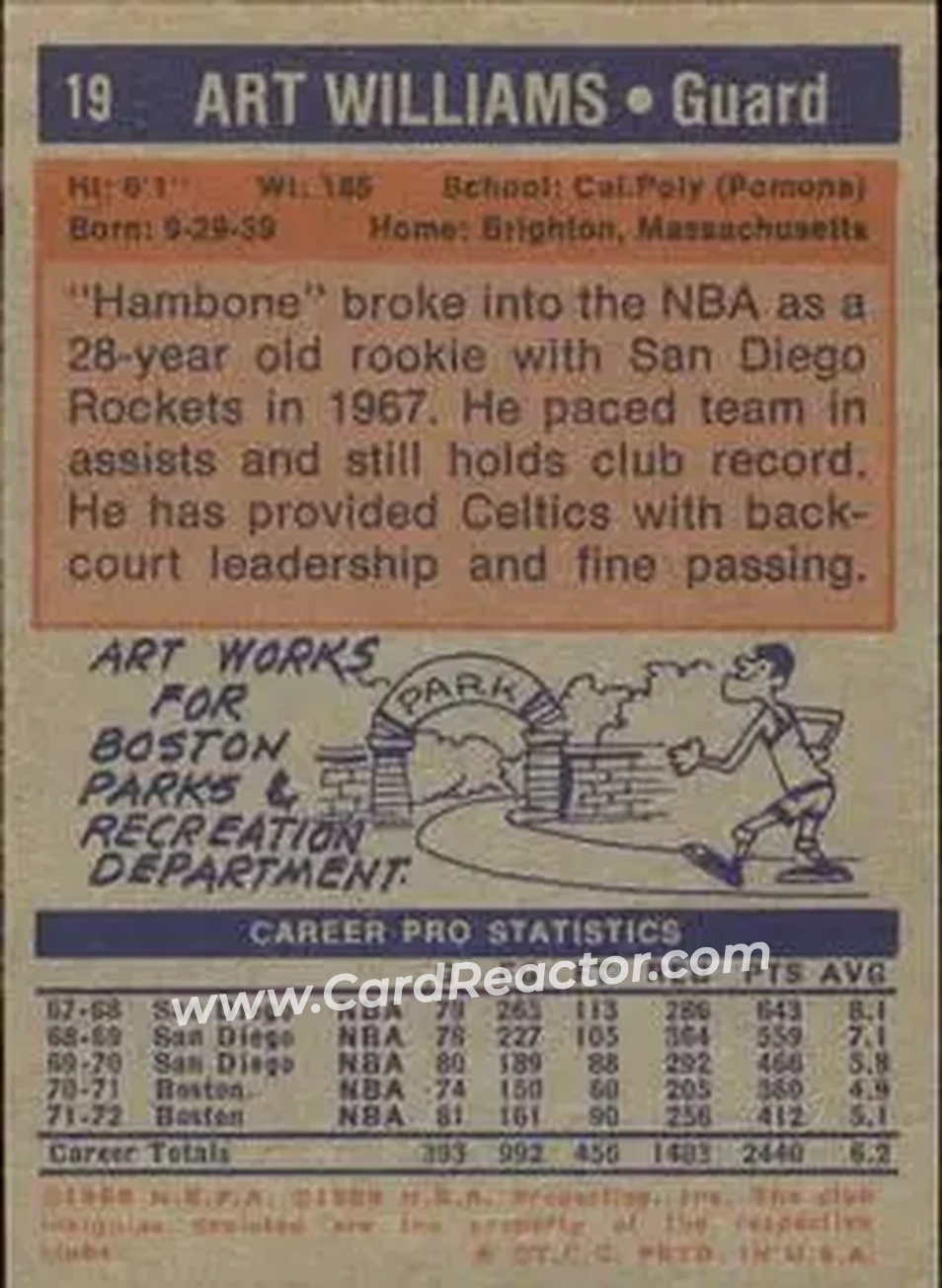 1972-73 Topps #19 - Art Williams - Boston Celtics - Back