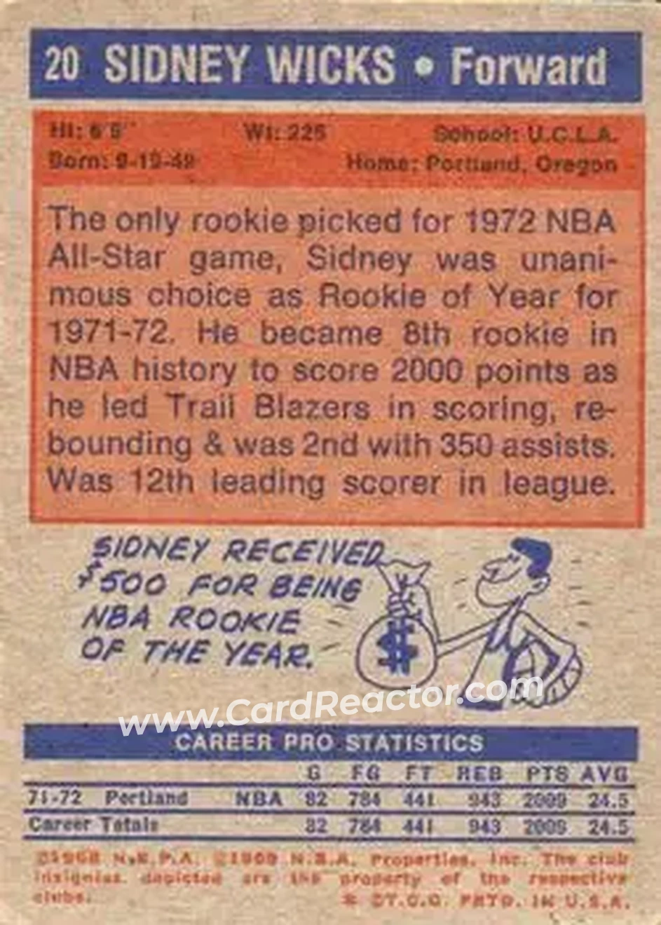 1972-73 Topps #20 - Sidney Wicks - Portland Trail Blazers - Back 1972-73 Topps #20 - Sidney Wicks - Portland Trail Blazers - Back