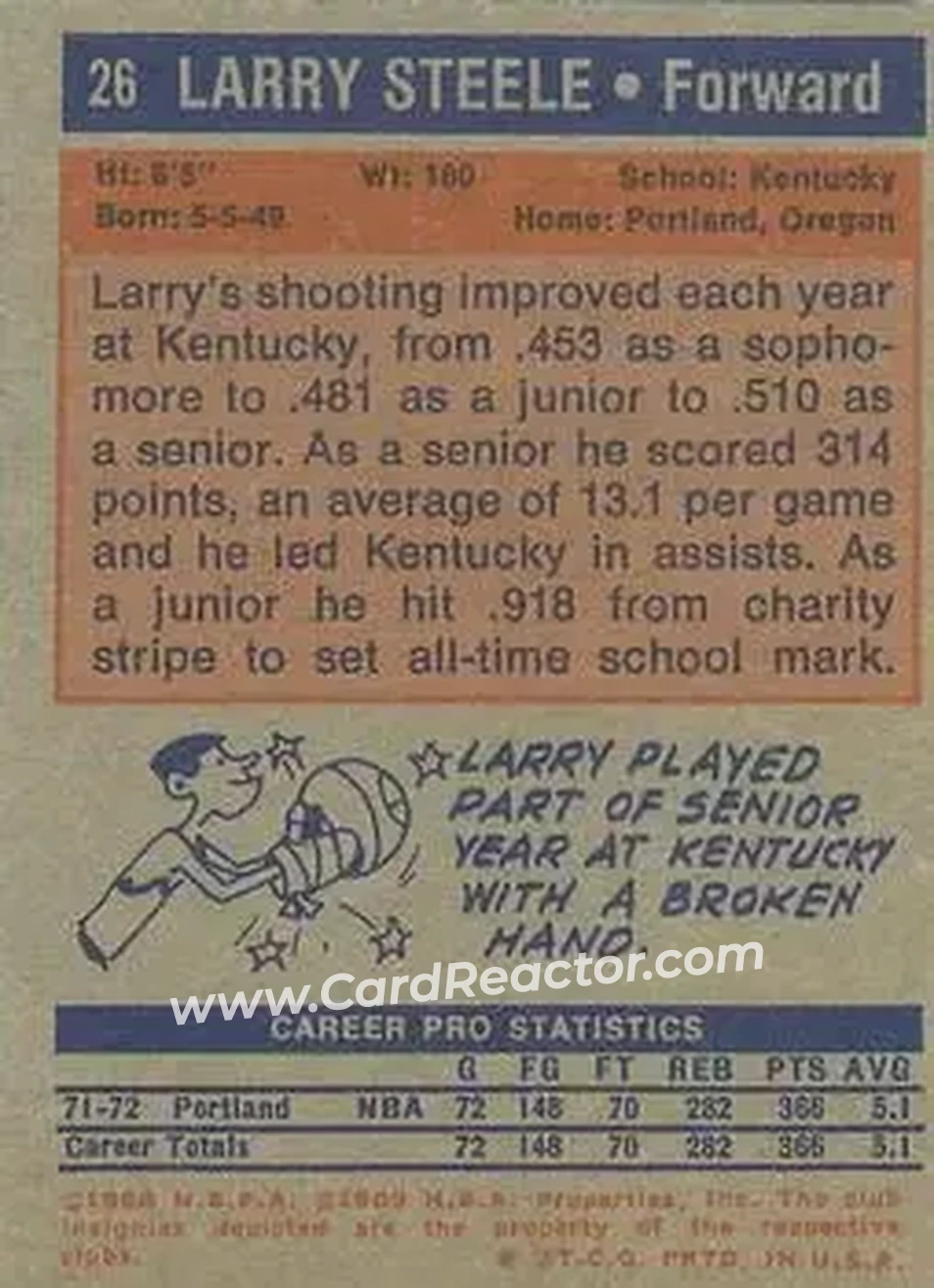 1972-73 Topps #26 - Larry Steele - Portland Trail Blazers - Back