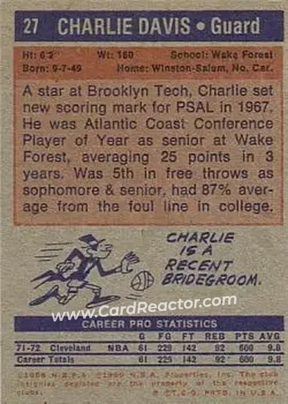 1972-73 Topps #27 - Charlie Davis - Cleveland Cavaliers - Back