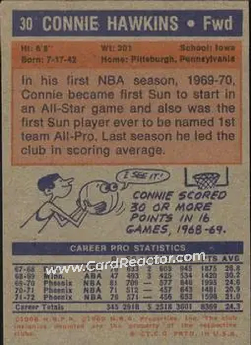1972-73 Topps #30 - Connie Hawkins - Phoenix Suns - Back
