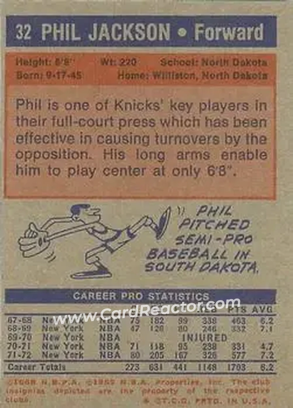 1972-73 Topps #32 - Phil Jackson - New York Knicks - Back