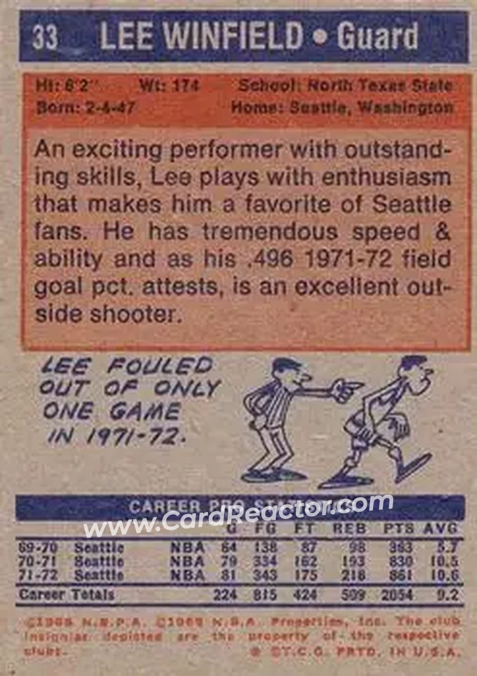 1972-73 Topps #33 - Lee Winfield - Seattle SuperSonics - Back 1972-73 Topps #33 - Lee Winfield - Seattle SuperSonics - Back
