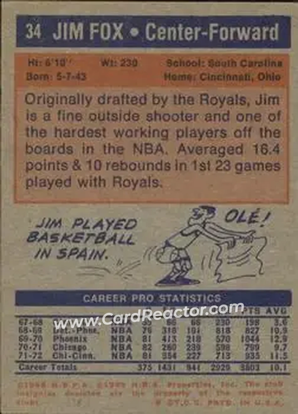 1972-73 Topps #34 - Jim Fox - Seattle SuperSonics - Back