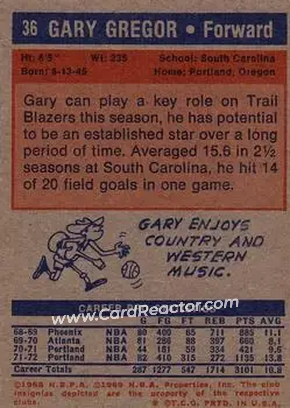 1972-73 Topps #36 - Gary Gregor - Portland Trail Blazers - Back