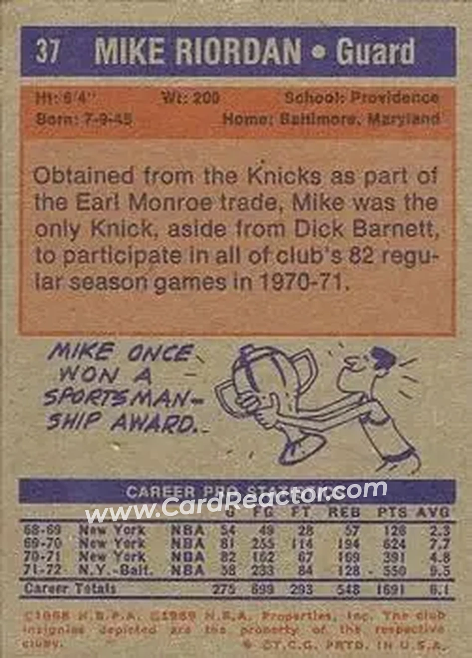 1972-73 Topps #37 - Mike Riordan - Baltimore Bullets - Back