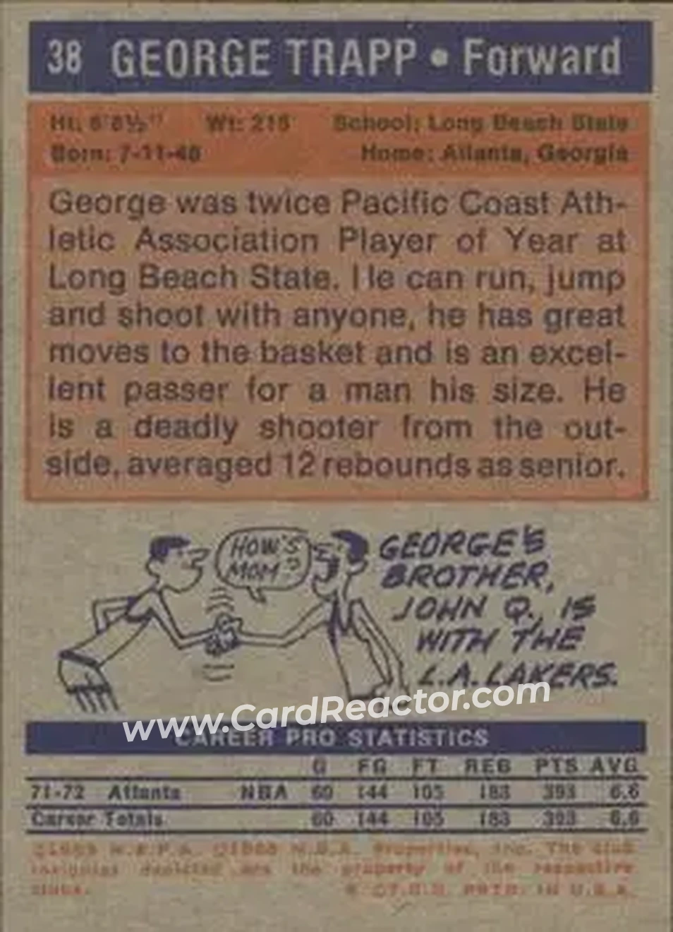 1972-73 Topps #38 - George Trapp - Atlanta Hawks - Back