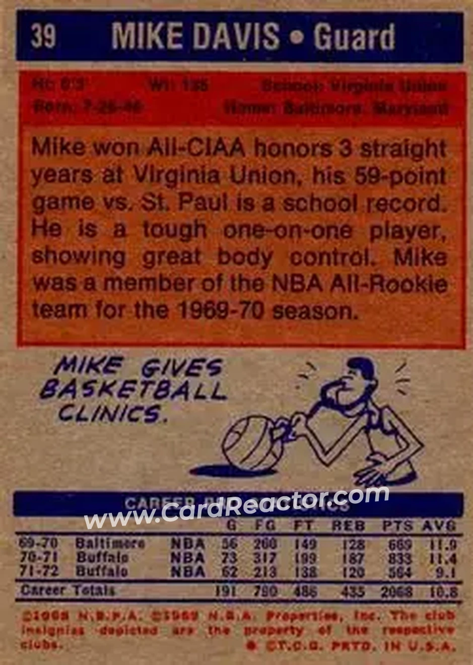 1972-73 Topps #39 - Mike Davis - Buffalo Braves - Back 1972-73 Topps #39 - Mike Davis - Buffalo Braves - Back