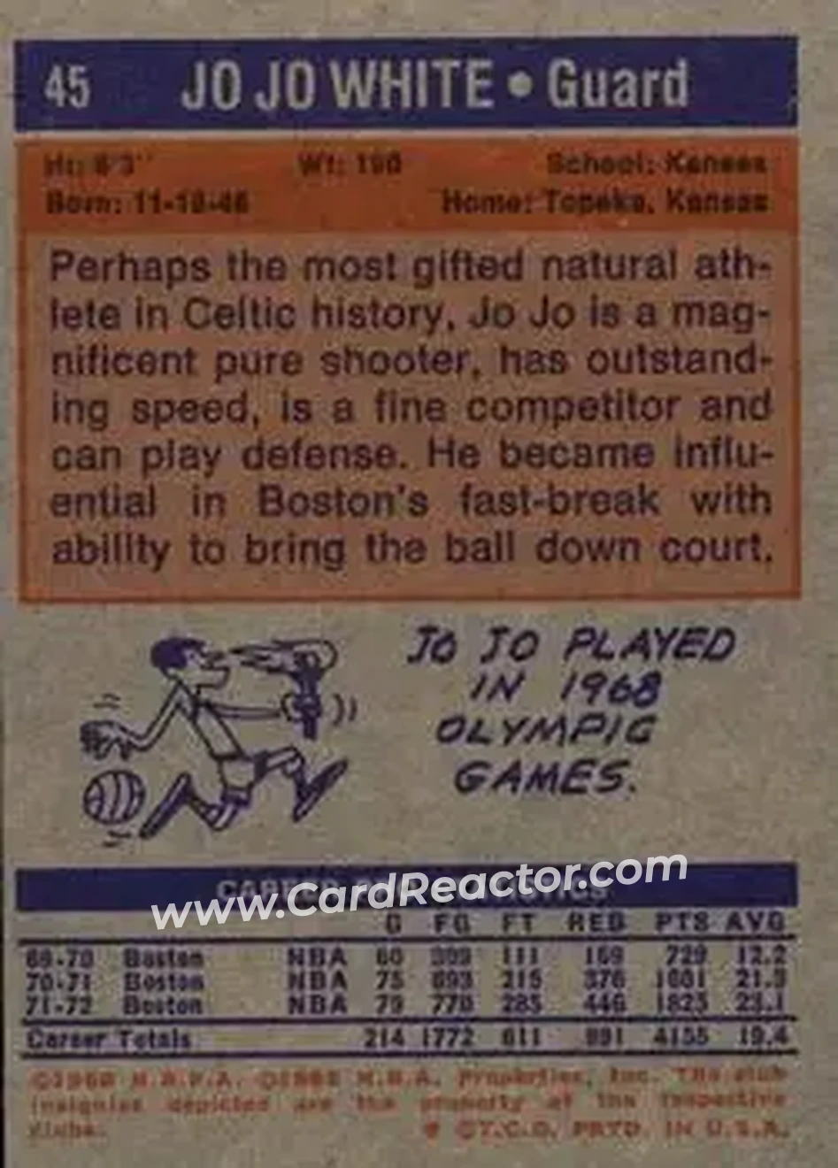 1972-73 Topps #45 - Jo Jo White - Boston Celtics - Back