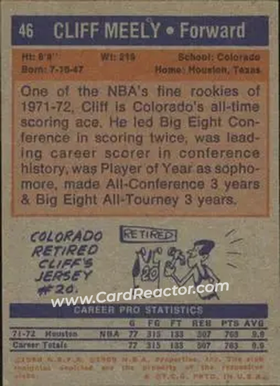 1972-73 Topps #46 - Cliff Meely - Houston Rockets - Back