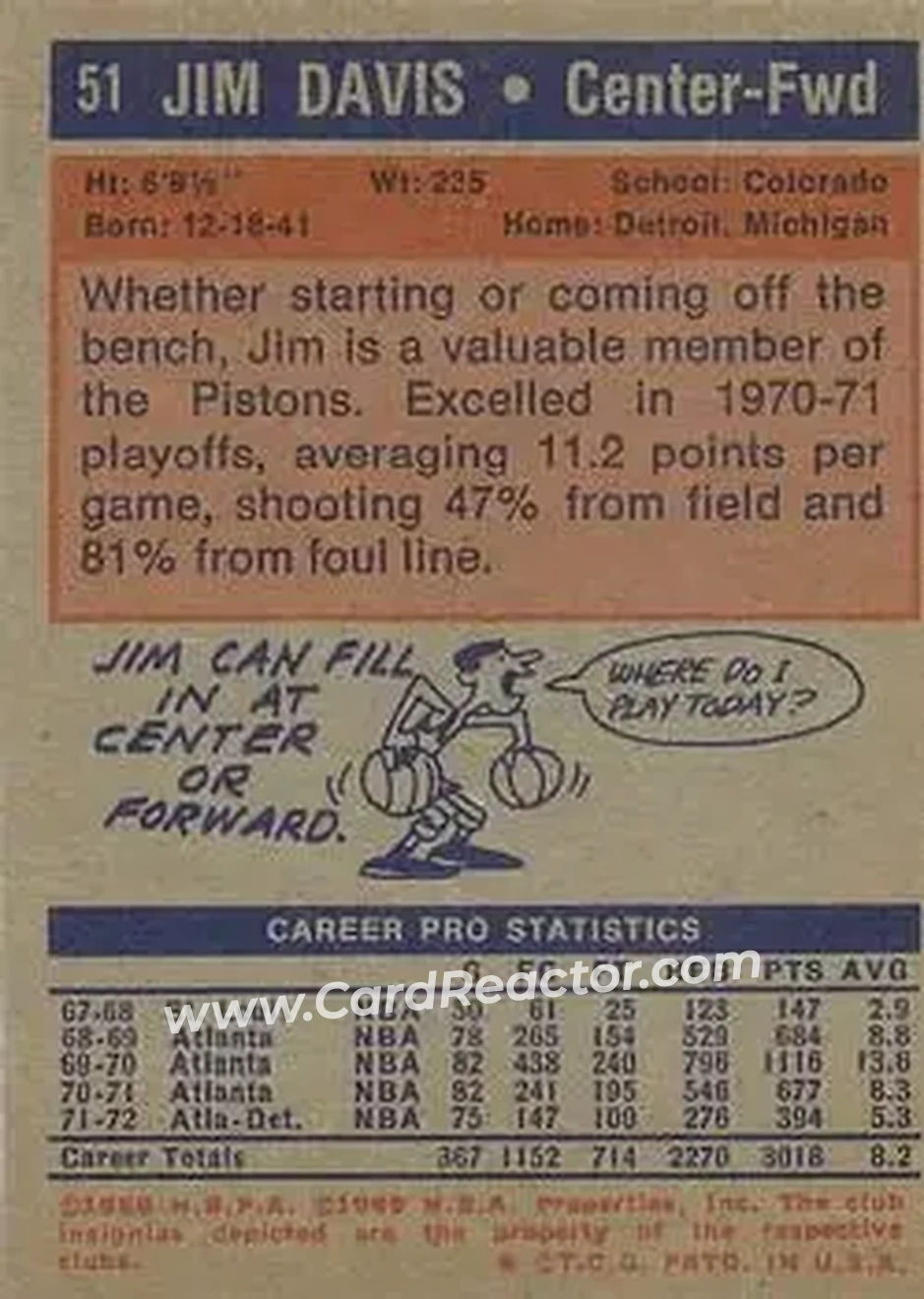 1972-73 Topps #51 - Jim Davis - Detroit Pistons - Back