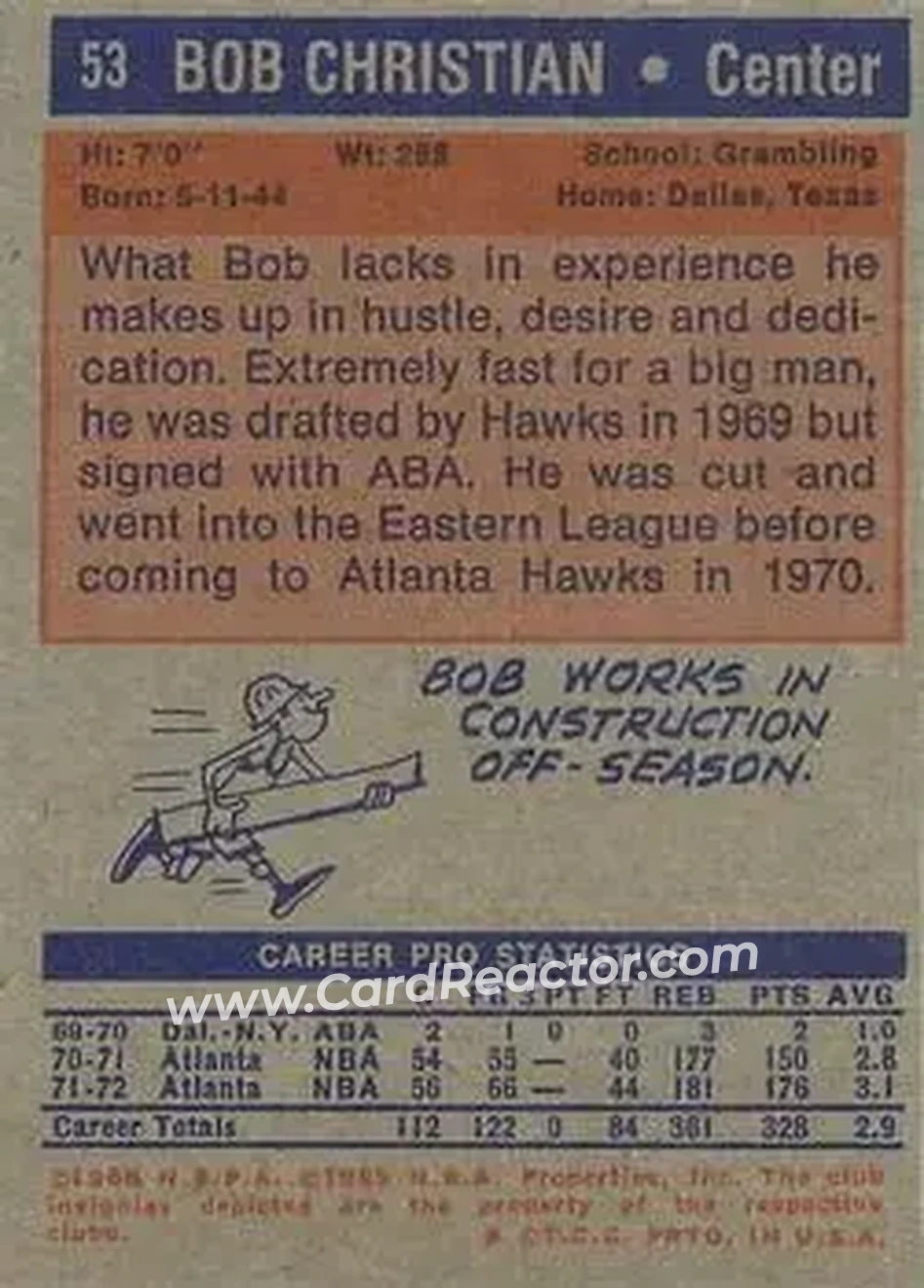 1972-73 Topps #53 - Bob Christian - Atlanta Hawks - Back