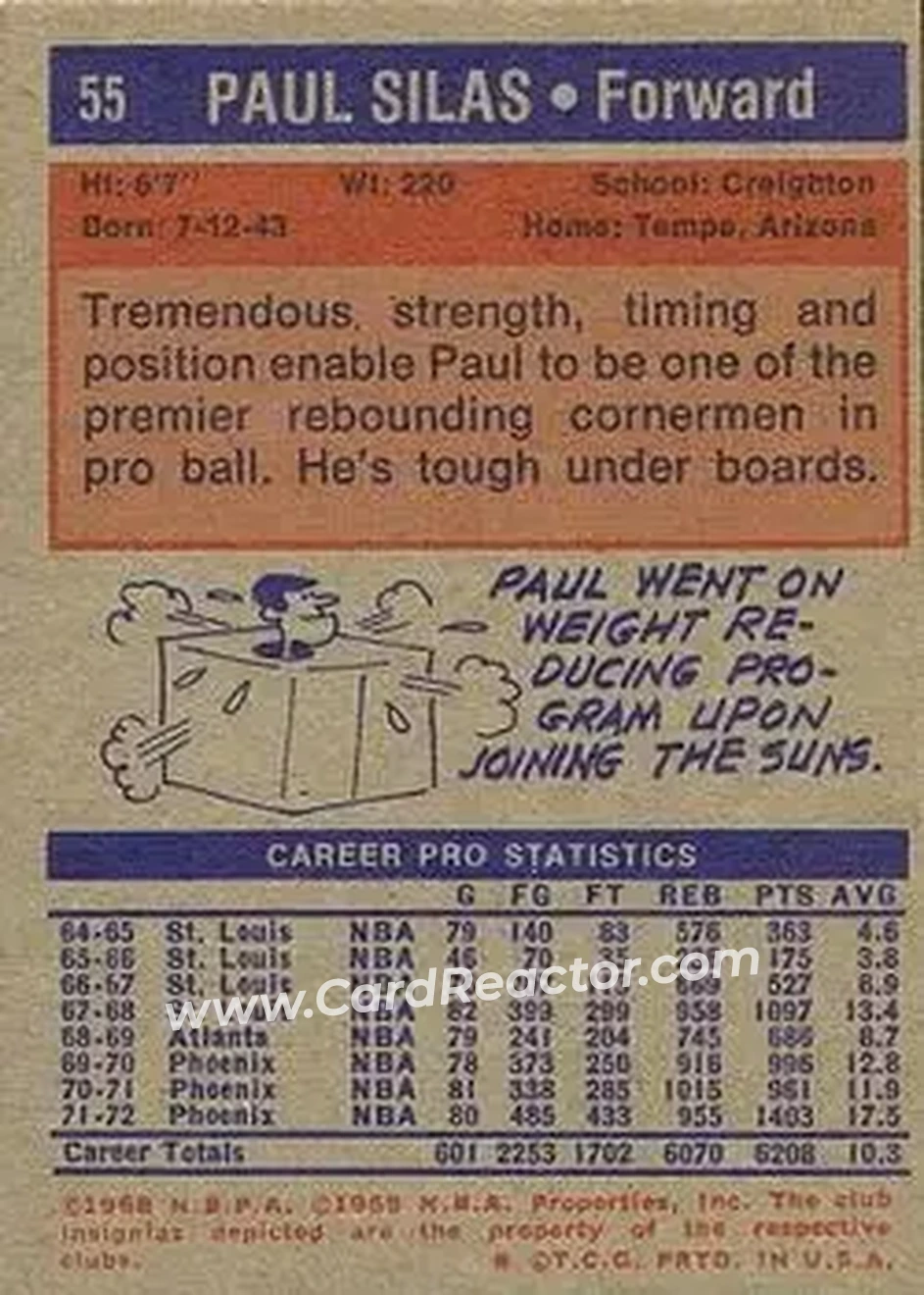 1972-73 Topps #55 - Paul Silas - Boston Celtics - Back