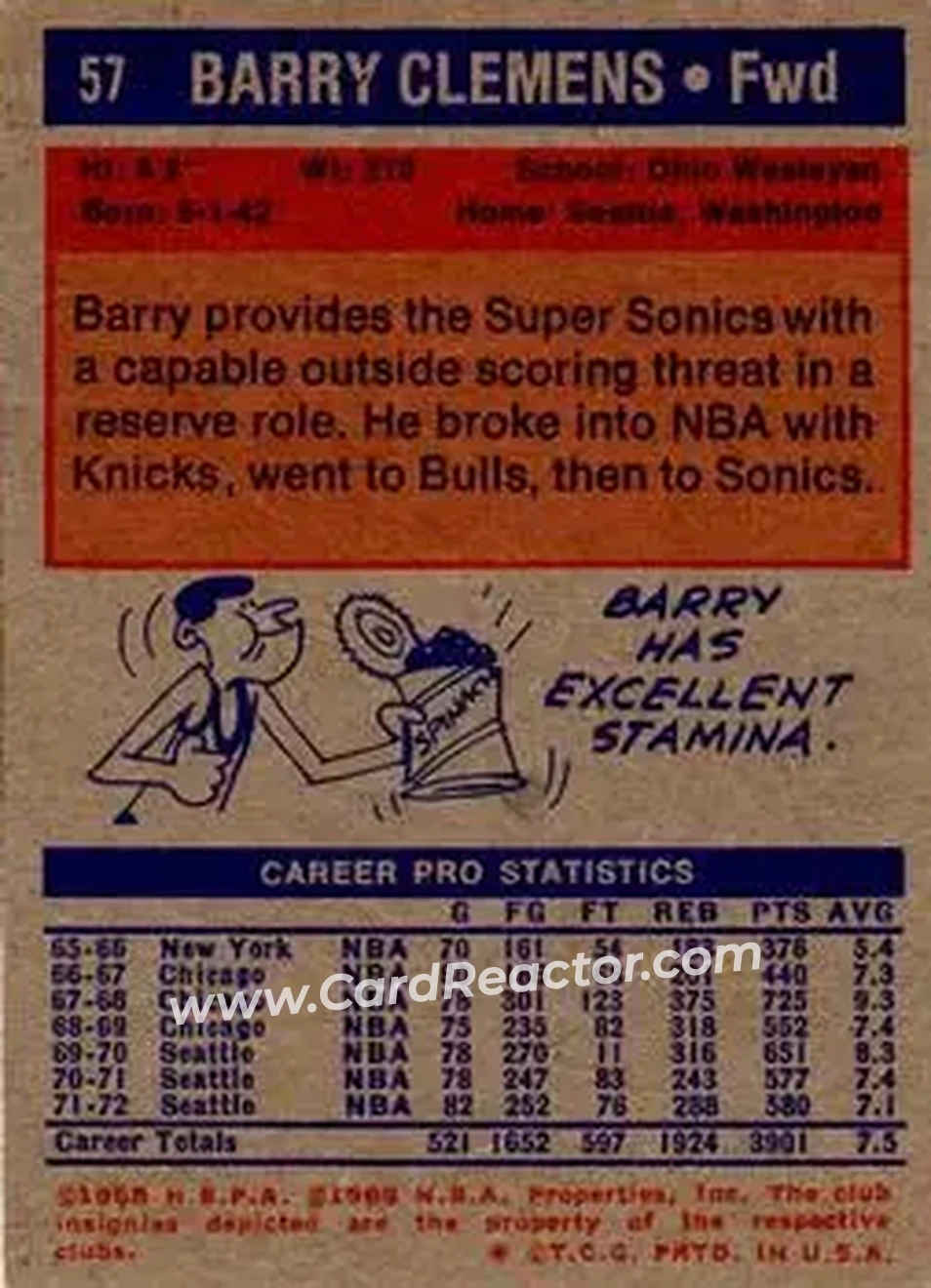 1972-73 Topps #57 - Barry Clemens - Seattle SuperSonics - Back