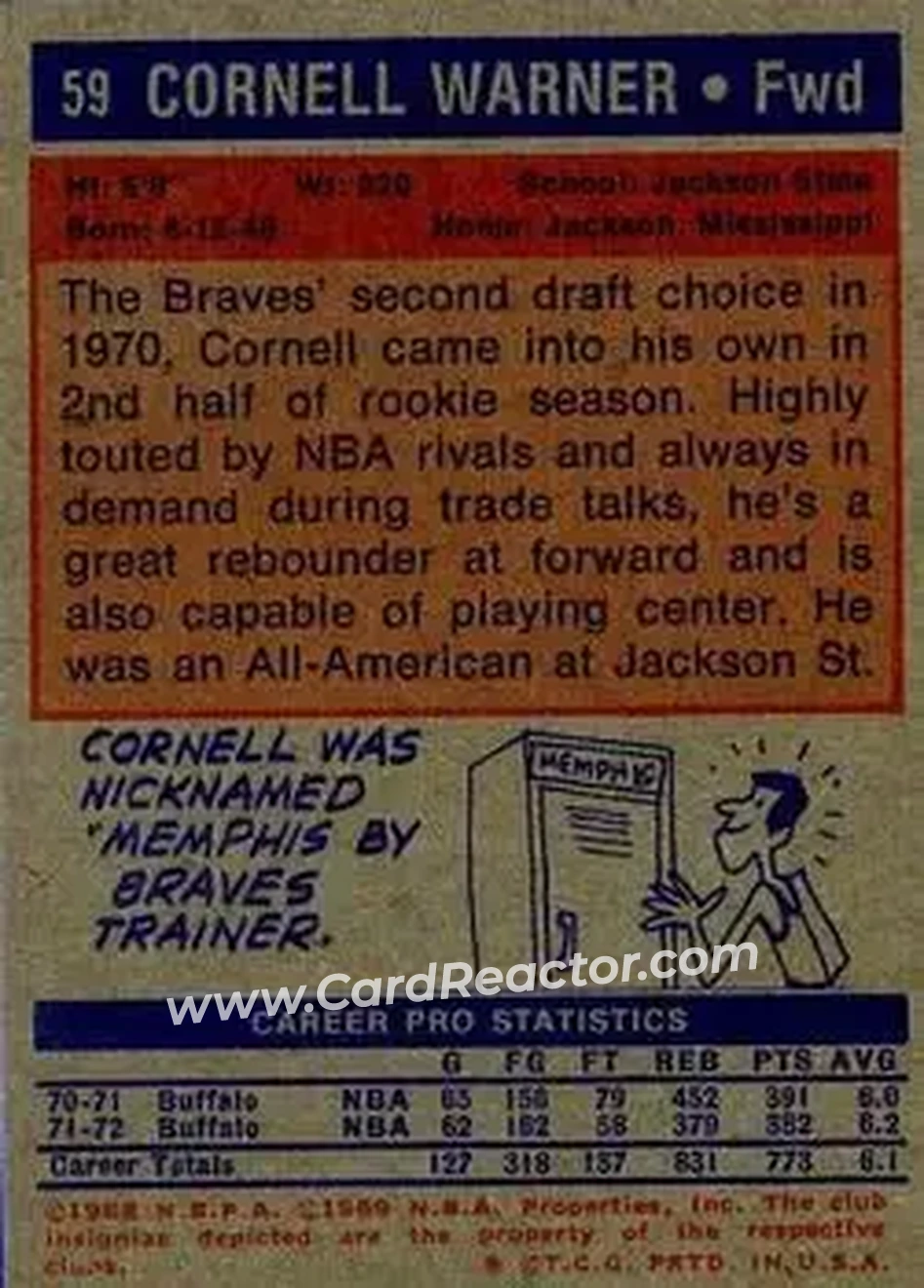 1972-73 Topps #59 - Cornell Warner - Buffalo Braves - Back 1972-73 Topps #59 - Cornell Warner - Buffalo Braves - Back