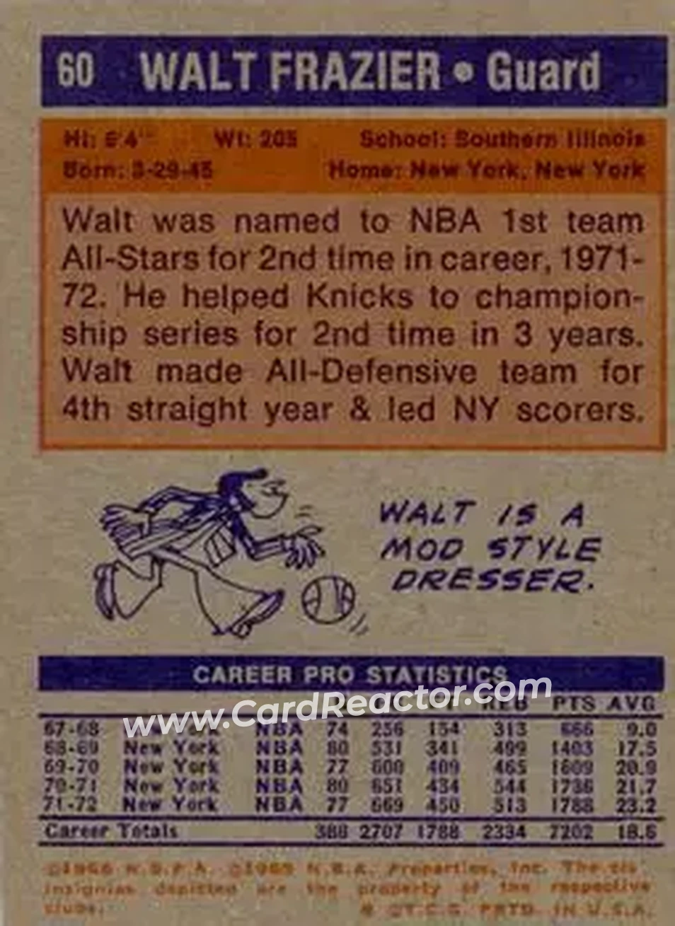 1972-73 Topps #60 - Walt Frazier - New York Knicks - Back 1972-73 Topps #60 - Walt Frazier - New York Knicks - Back