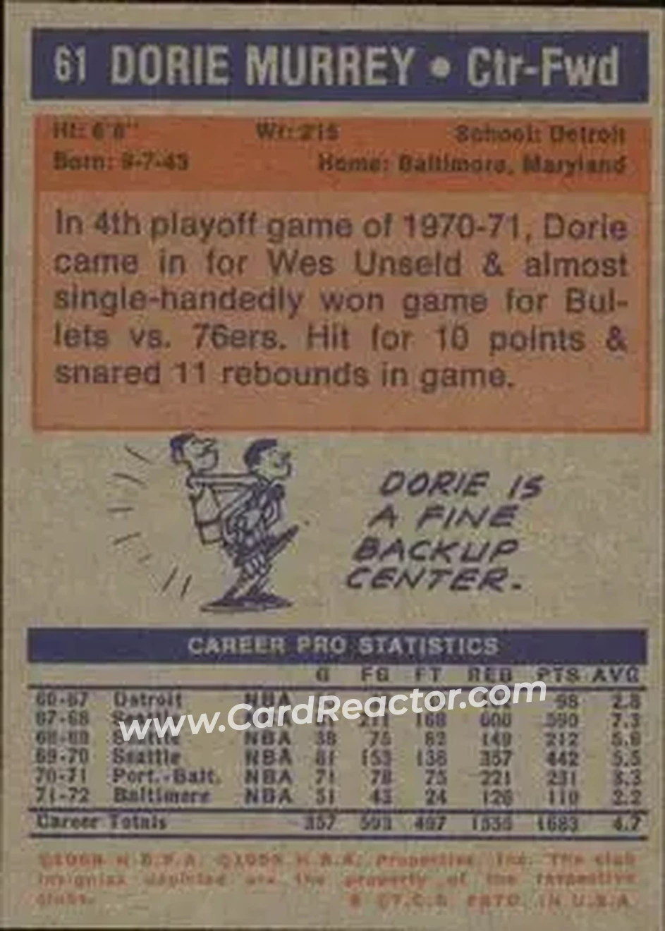 1972-73 Topps #61 - Dorie Murrey - Baltimore Bullets - Back