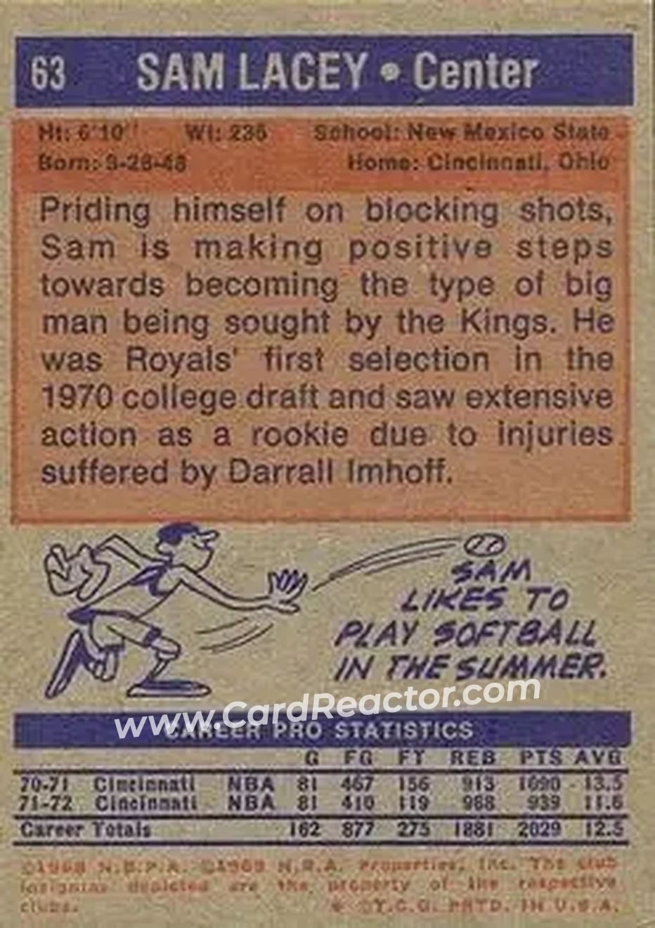 1972-73 Topps #63 - Sam Lacey - Kansas City-Omaha Kings - Back 1972-73 Topps #63 - Sam Lacey - Kansas City-Omaha Kings - Back