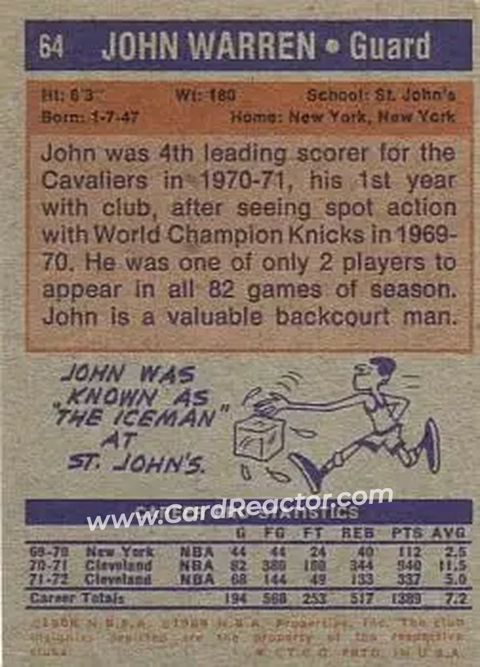 1972-73 Topps #64 - John Warren - Cleveland Cavaliers - Back