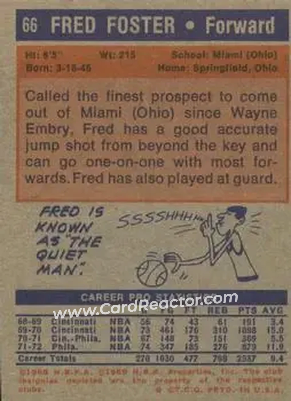 1972-73 Topps #66 - Fred Foster - Detroit Pistons - Back