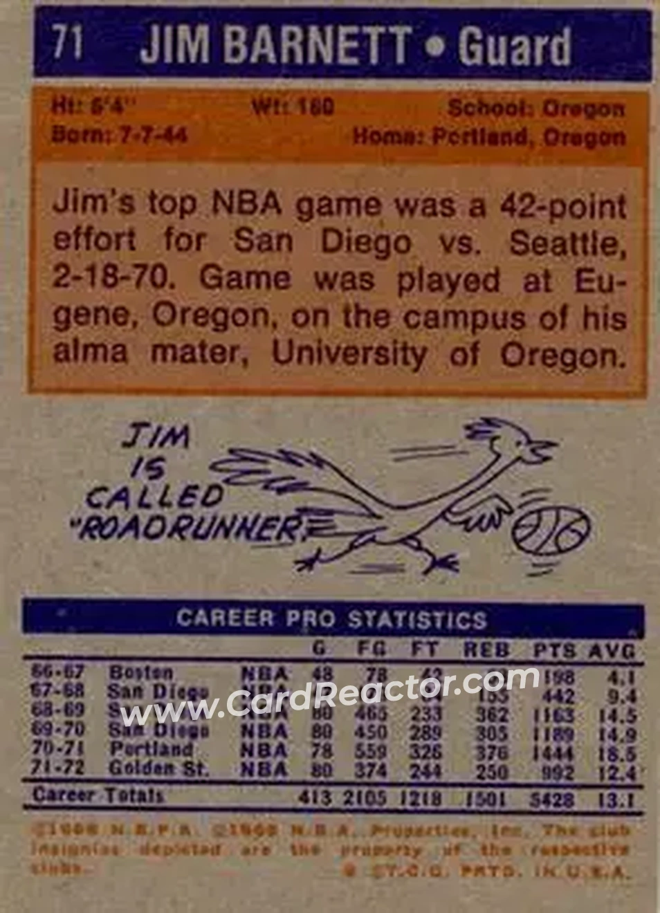 1972-73 Topps #71 - Jim Barnett - Golden State Warriors - Back 1972-73 Topps #71 - Jim Barnett - Golden State Warriors - Back