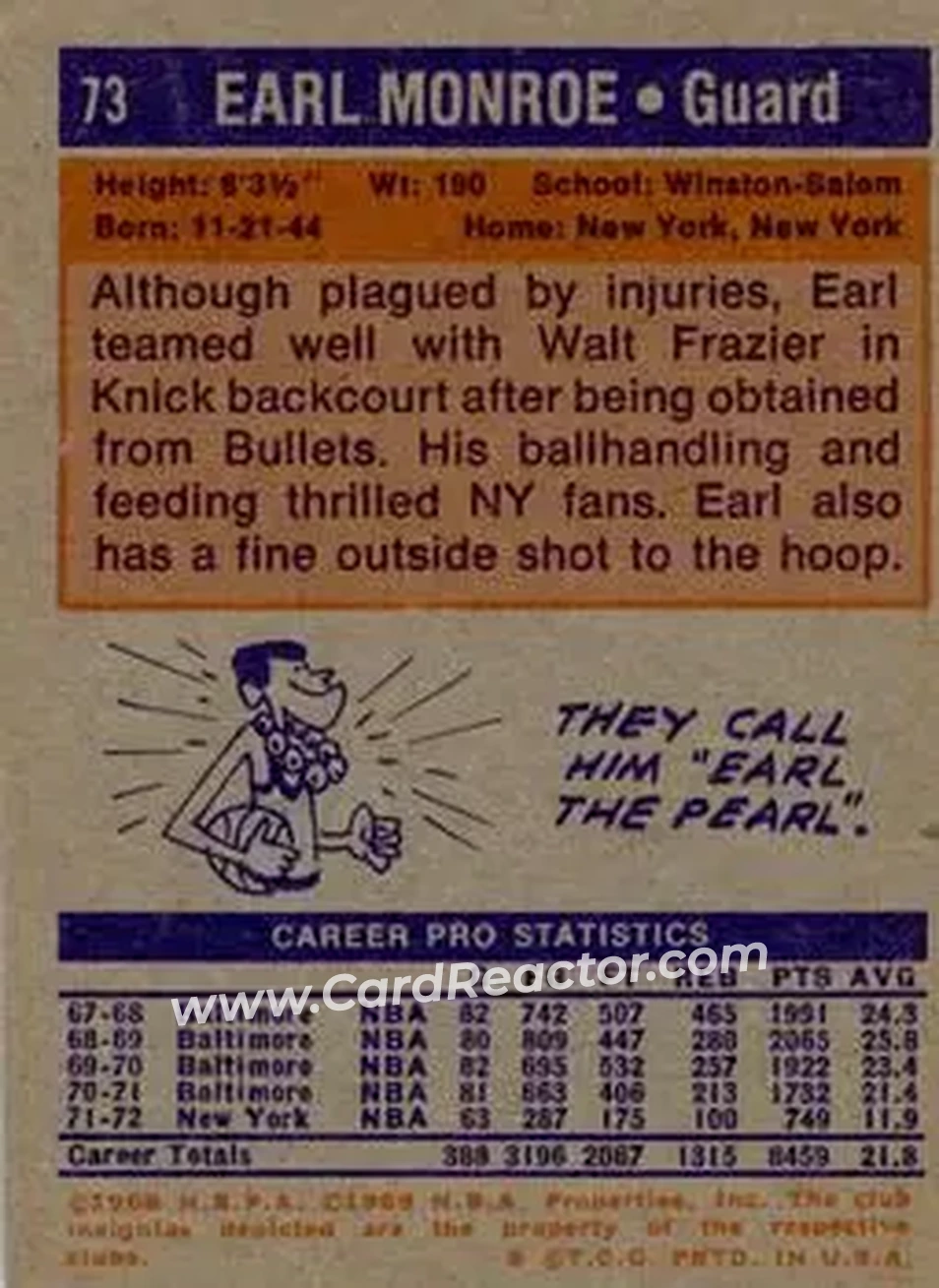 1972-73 Topps #73 - Earl Monroe - New York Knicks - Back