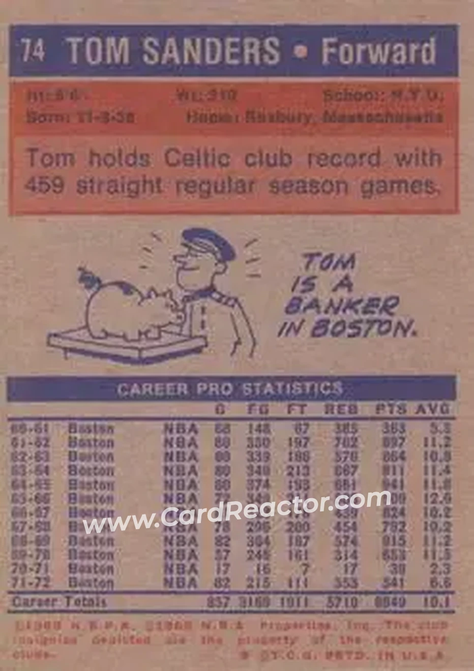 1972-73 Topps #74 - Tom Sanders - Boston Celtics - Back
