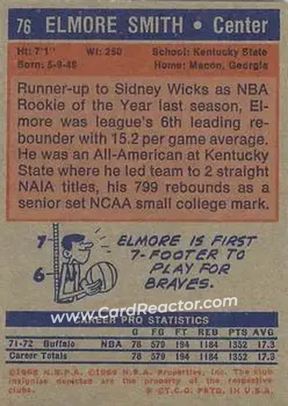 1972-73 Topps #76 - Elmore Smith - Buffalo Braves - Back