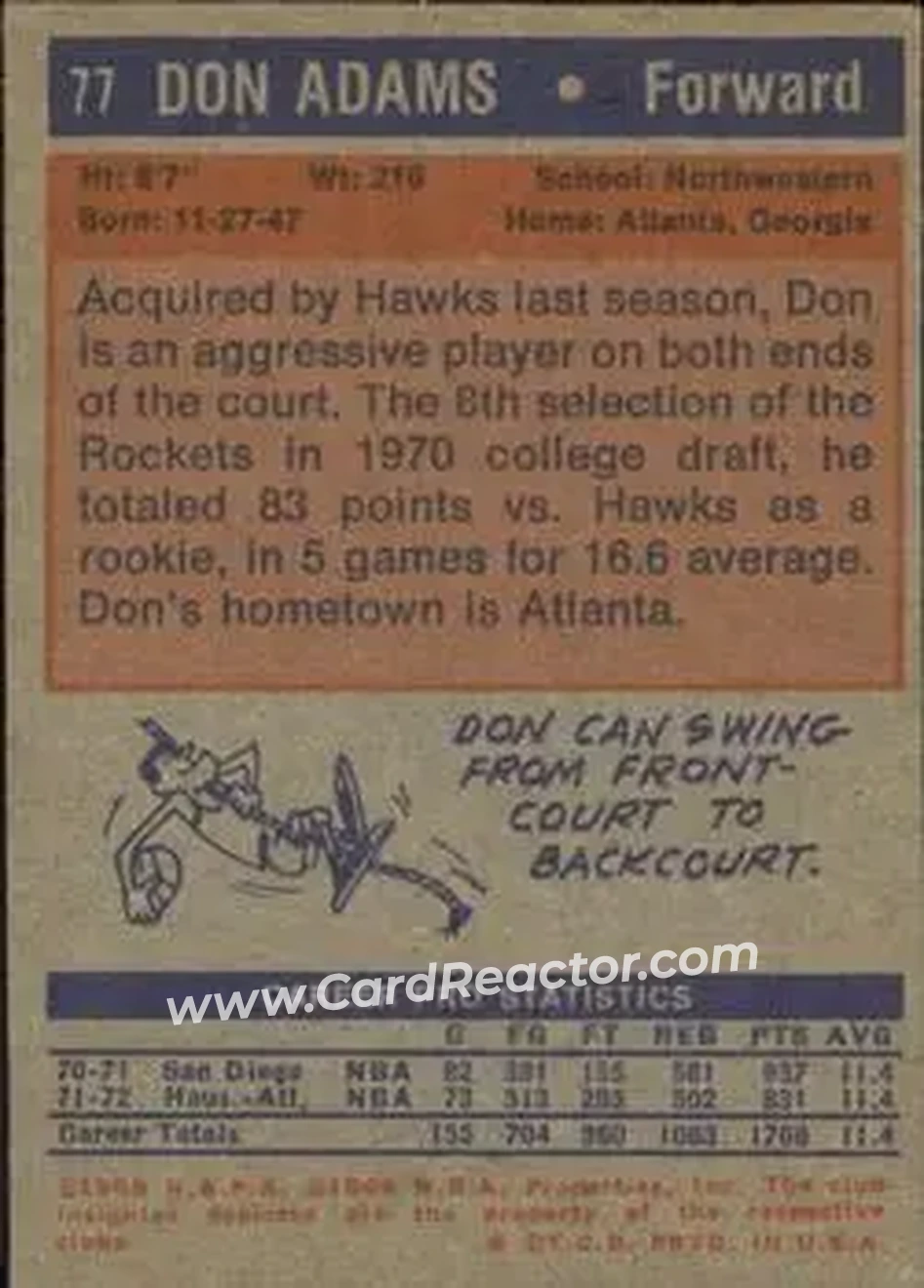 1972-73 Topps #77 - Don Adams - Atlanta Hawks - Back