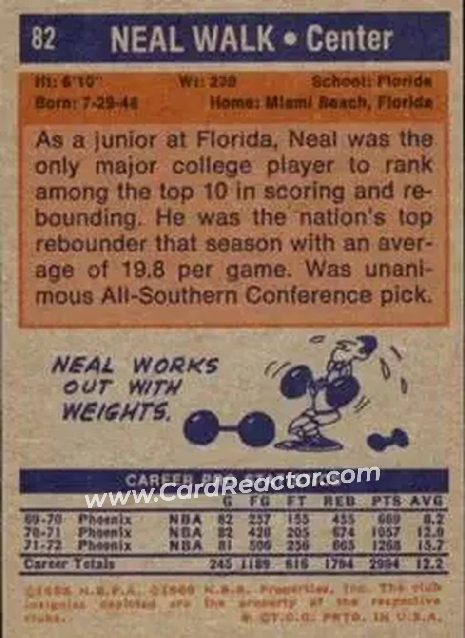 1972-73 Topps #82 - Neal Walk - Phoenix Suns - Back