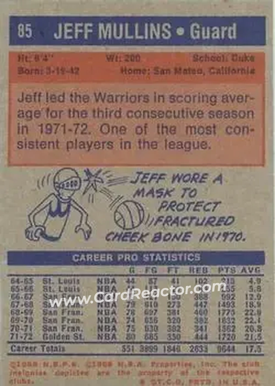 1972-73 Topps #85 - Jeff Mullins - Golden State Warriors - Back