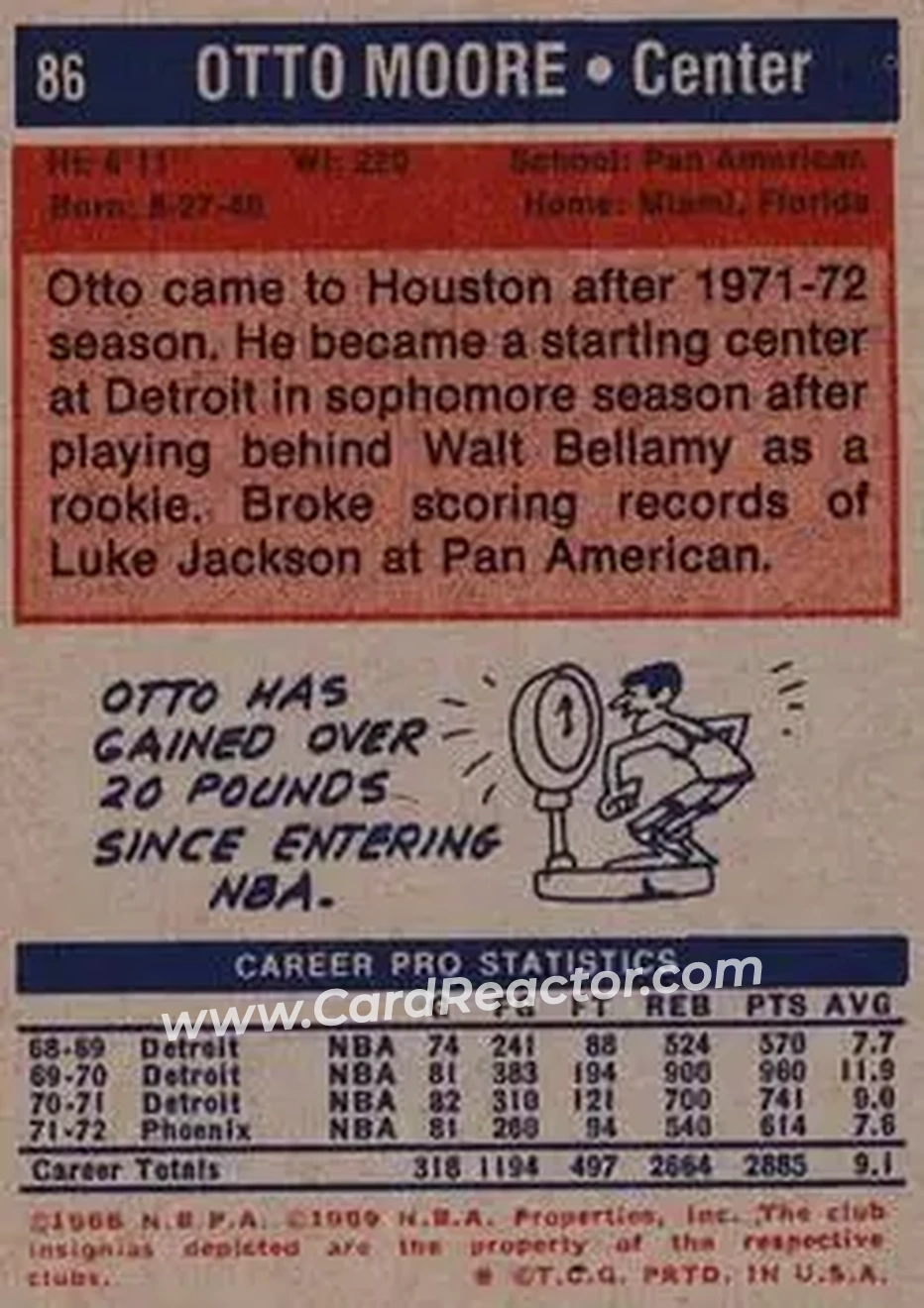 1972-73 Topps #86 - Otto Moore - Houston Rockets - Back