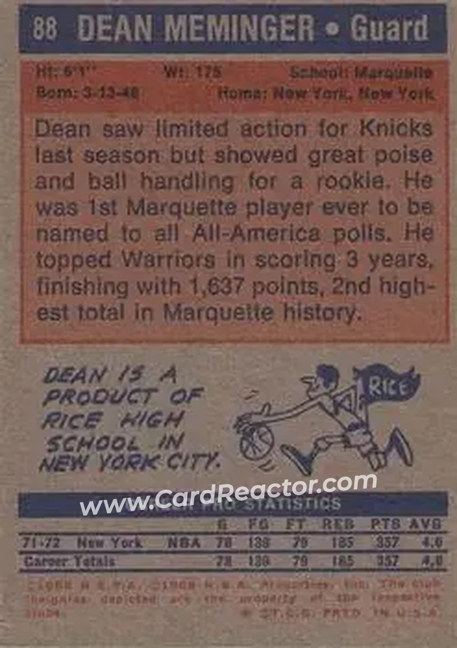 1972-73 Topps #88 - Dean Meminger - New York Knicks - Back