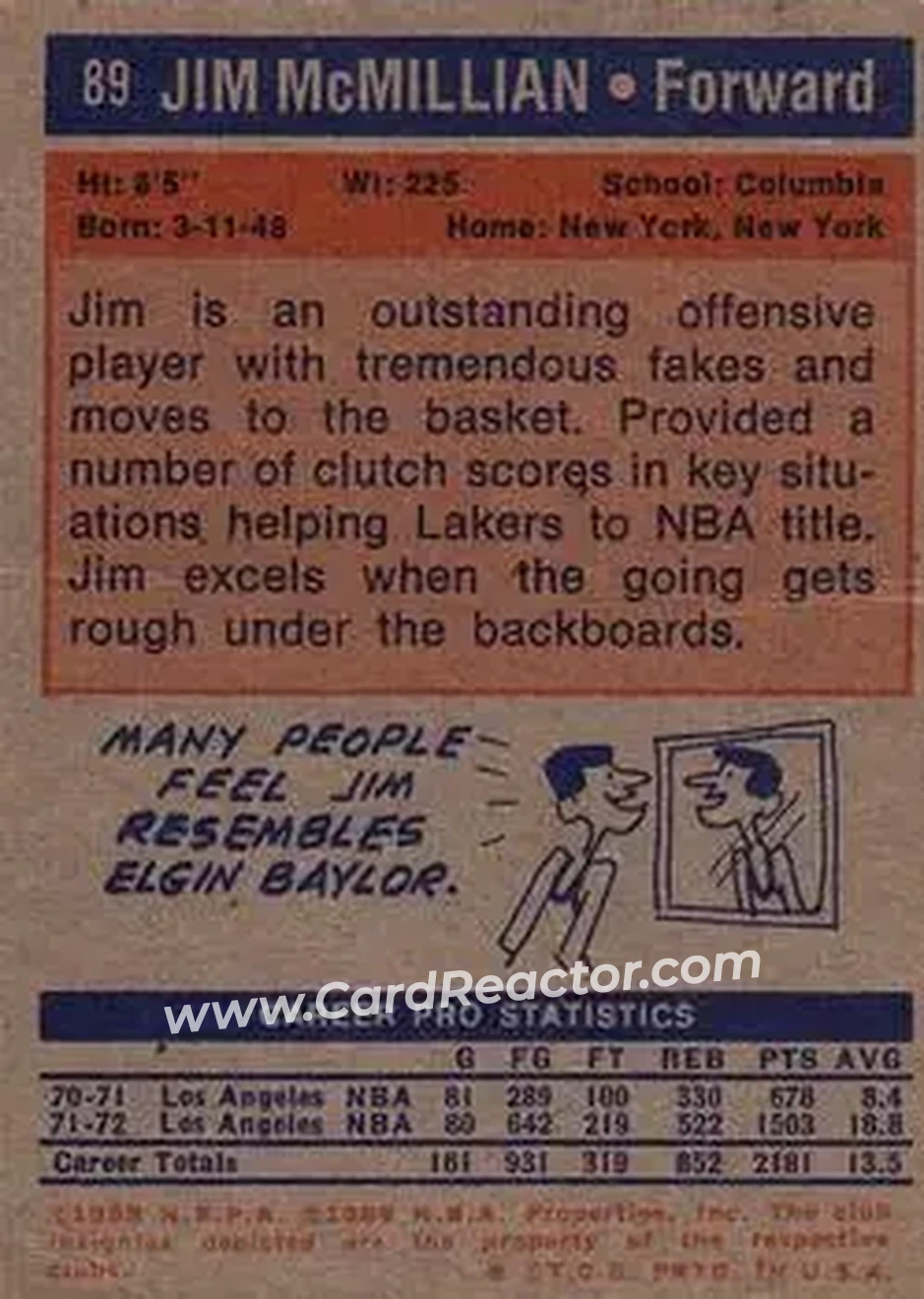 1972-73 Topps #89 - Jim McMillian - Los Angeles Lakers - Back