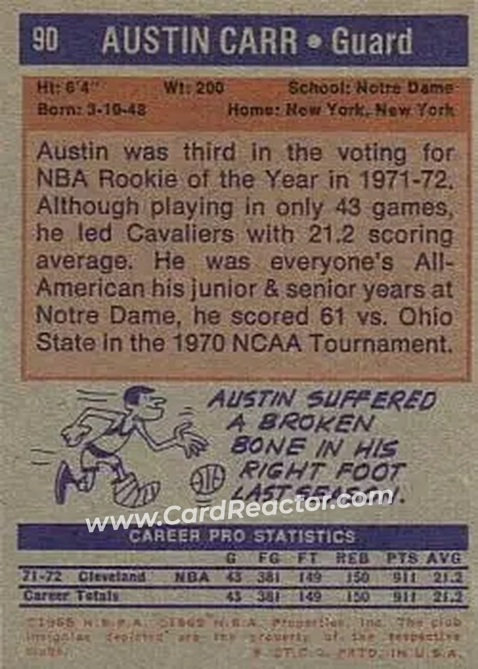 1972-73 Topps #90 - Austin Carr - Cleveland Cavaliers - Back
