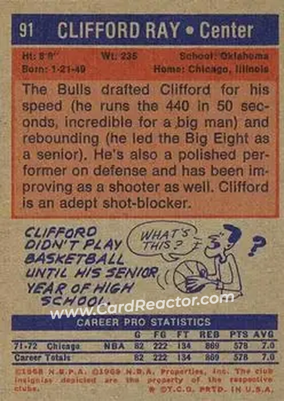 1972-73 Topps #91 - Clifford Ray - Chicago Bulls - Back