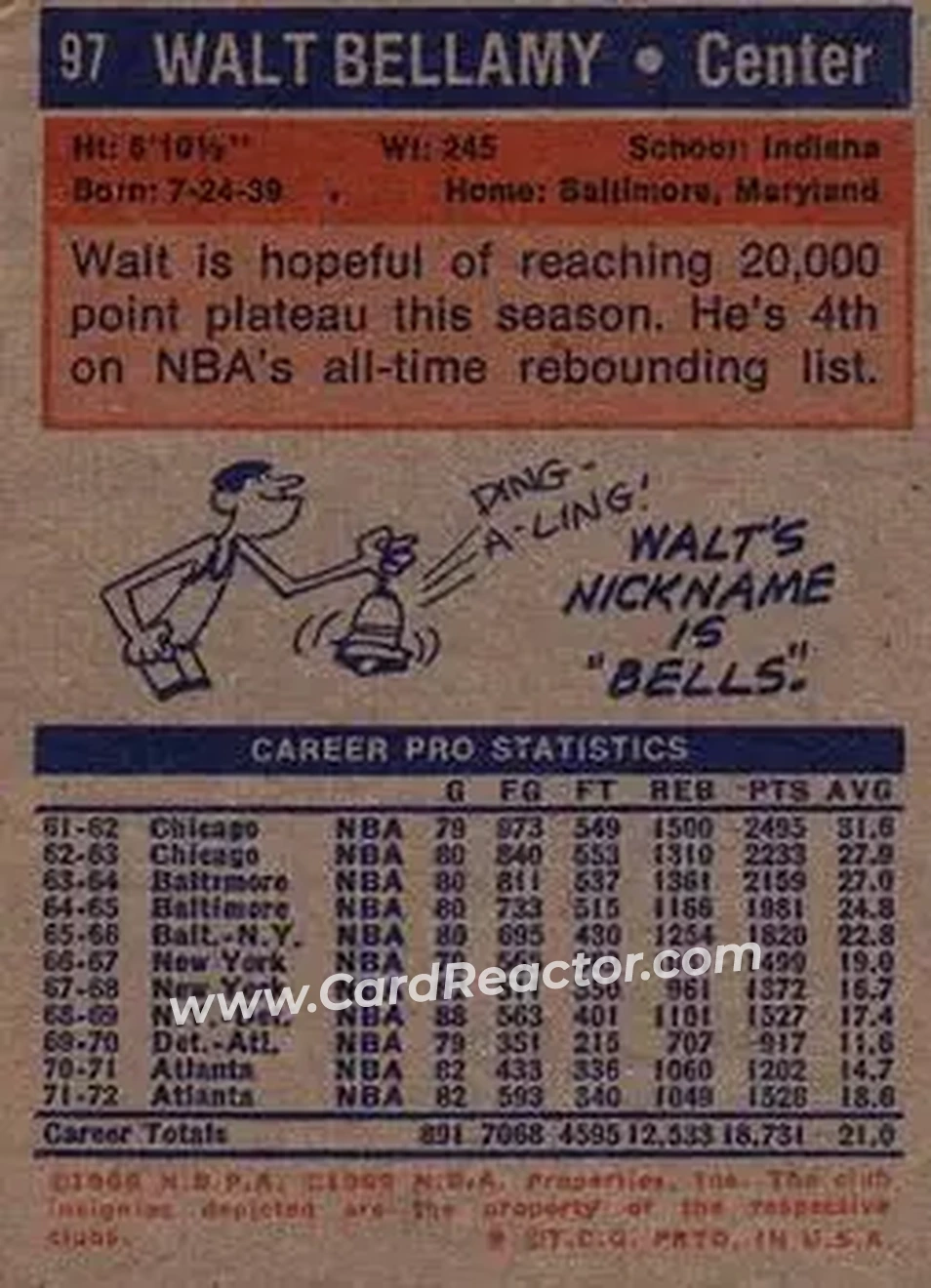 1972-73 Topps #97 - Walt Bellamy - Atlanta Hawks - Back 1972-73 Topps #97 - Walt Bellamy - Atlanta Hawks - Back