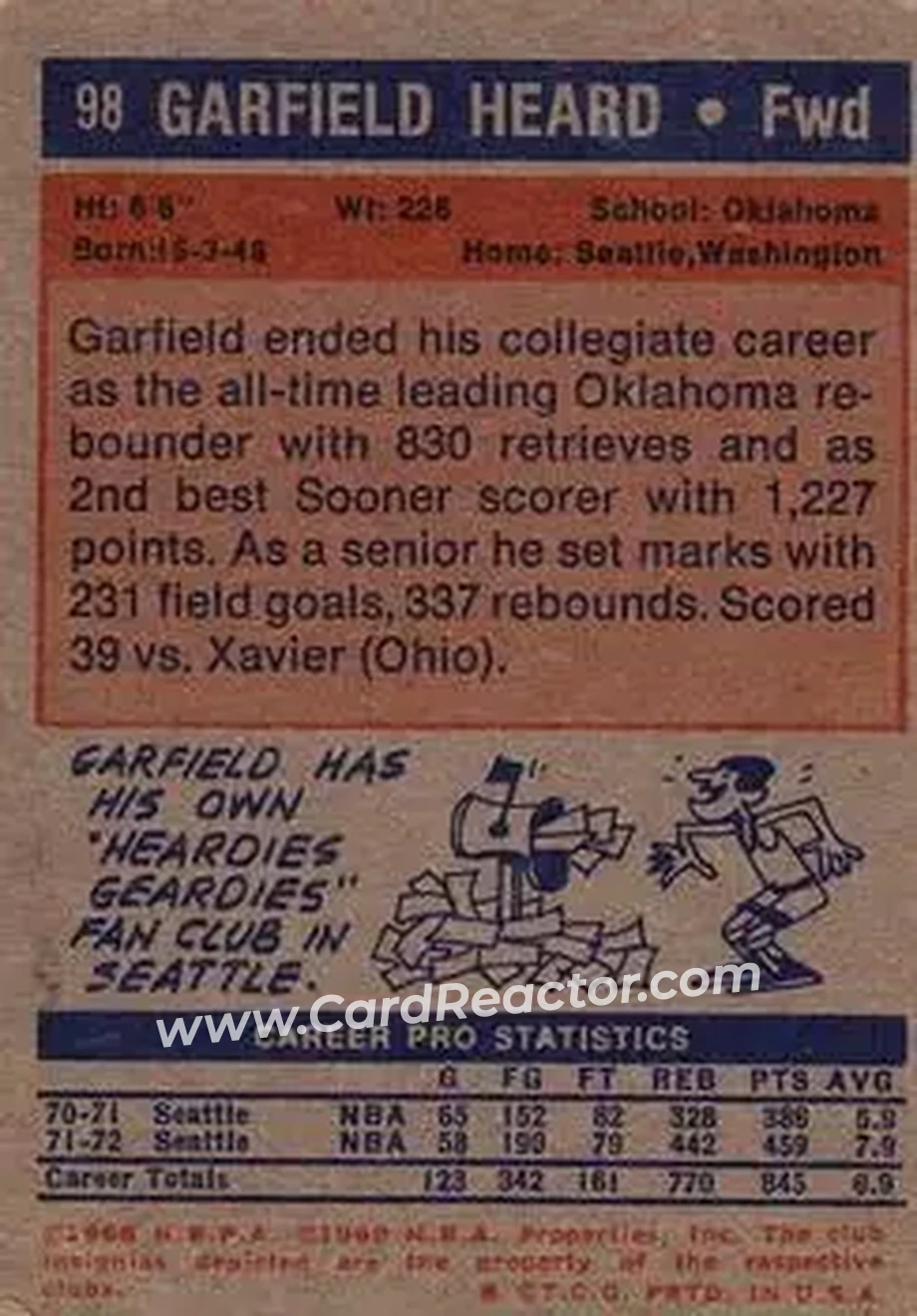 1972-73 Topps #98 - Garfield Heard - Seattle SuperSonics - Back