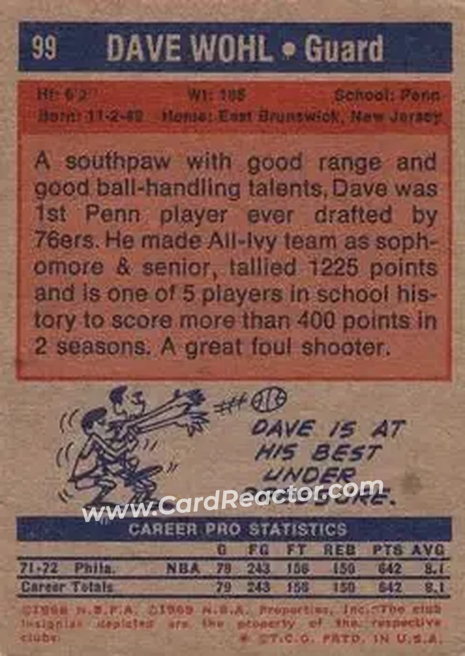 1972-73 Topps #99 - Dave Wohl - Philadelphia 76ers - Back
