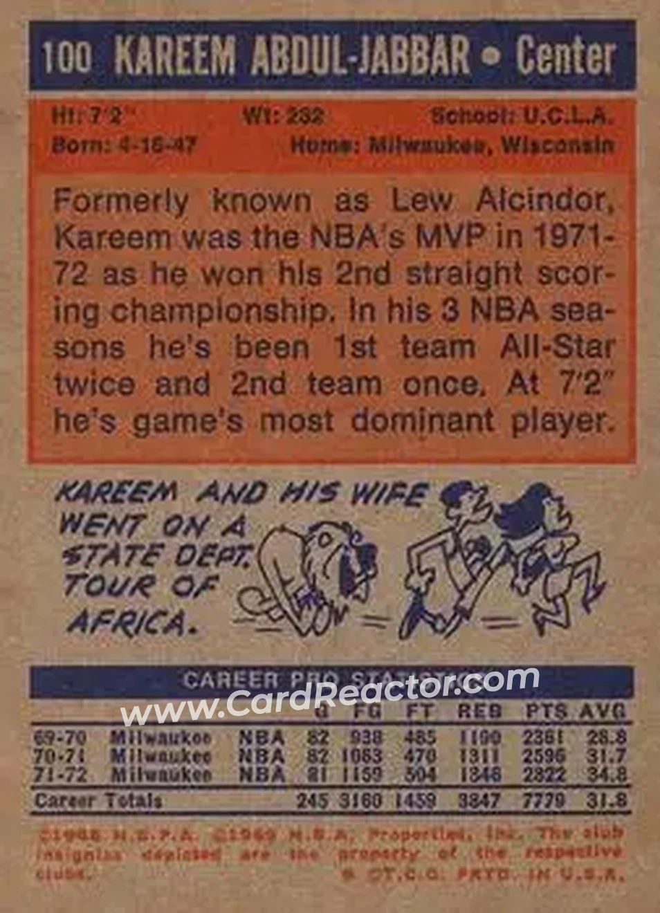 1972-73 Topps #100 - Kareem Abdul-Jabbar - Milwaukee Bucks - Back
