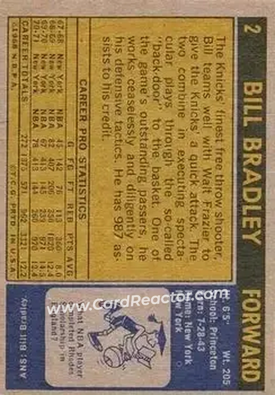 1971-72 Topps #2 - Bill Bradley - New York Knicks - Back