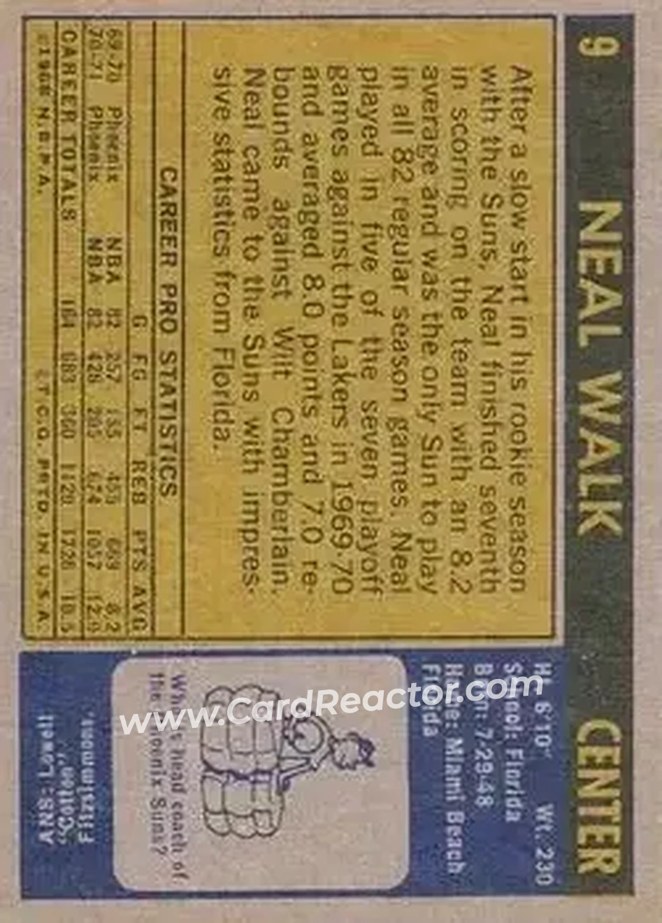 1971-72 Topps #9 - Neal Walk - Phoenix Suns - Back