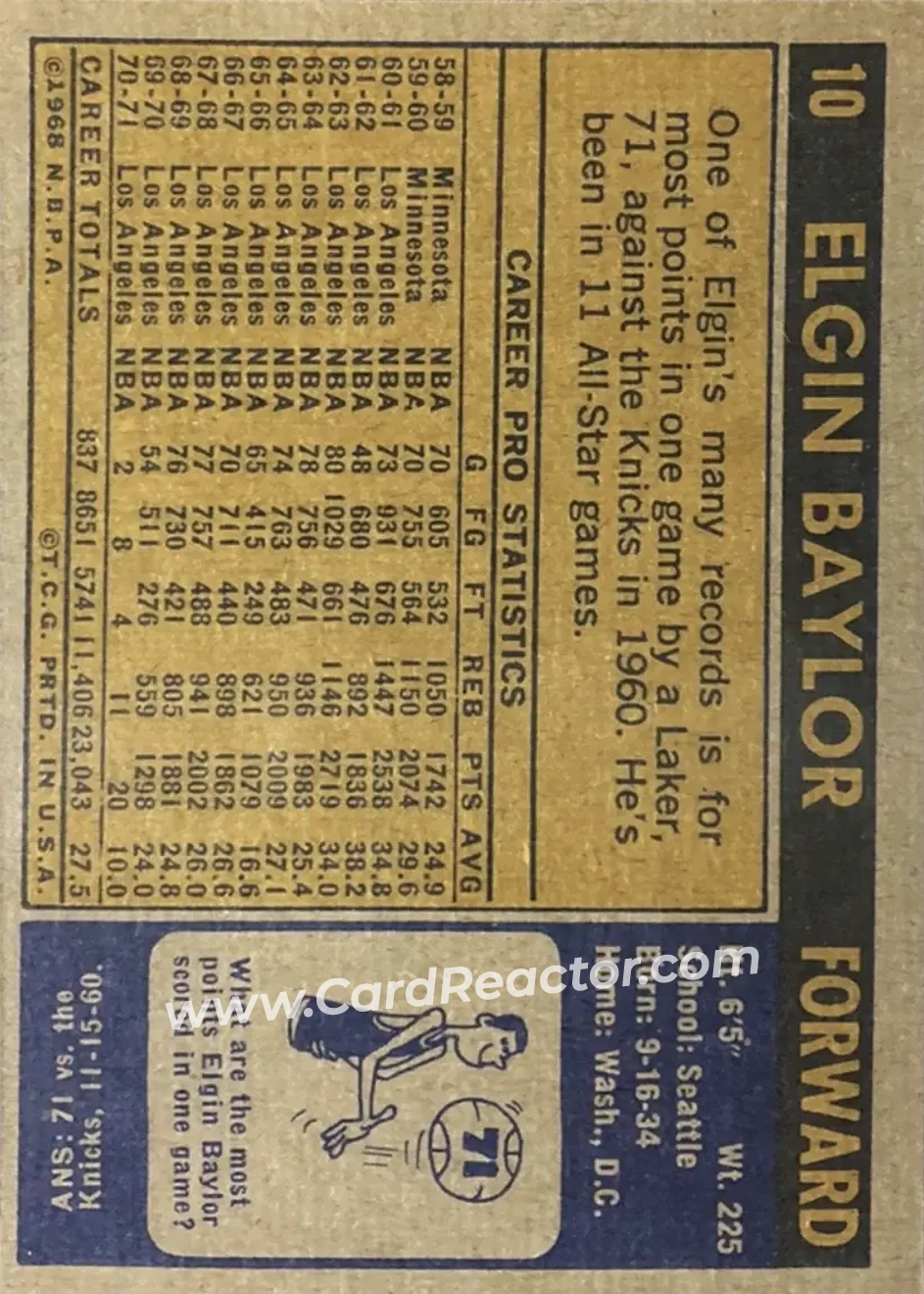 1971-72 Topps #10 - Elgin Baylor - Los Angeles Lakers - Back