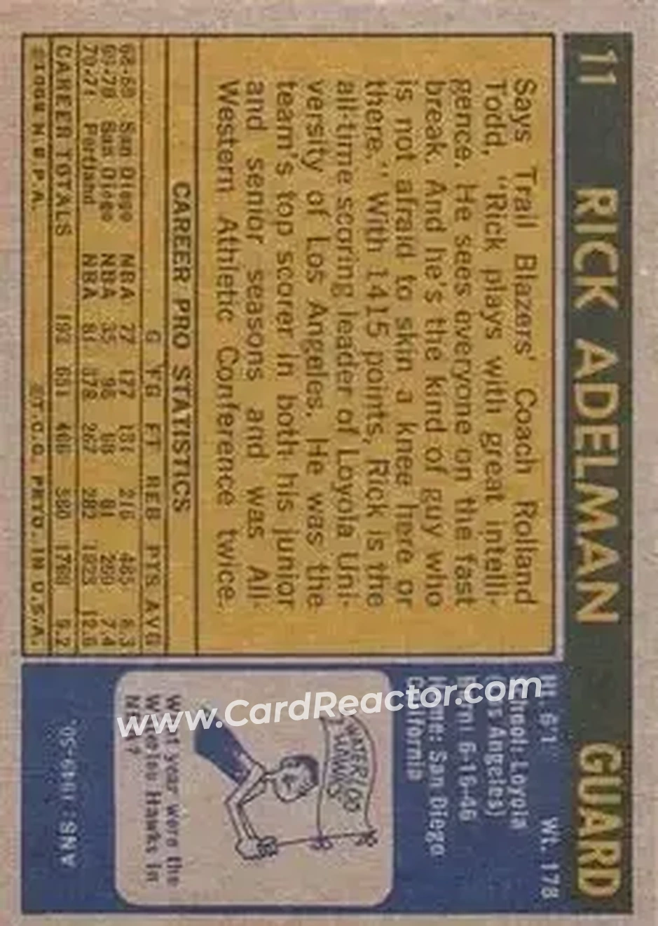 1971-72 Topps #11 - Rick Adelman - Portland Trail Blazers - Back
