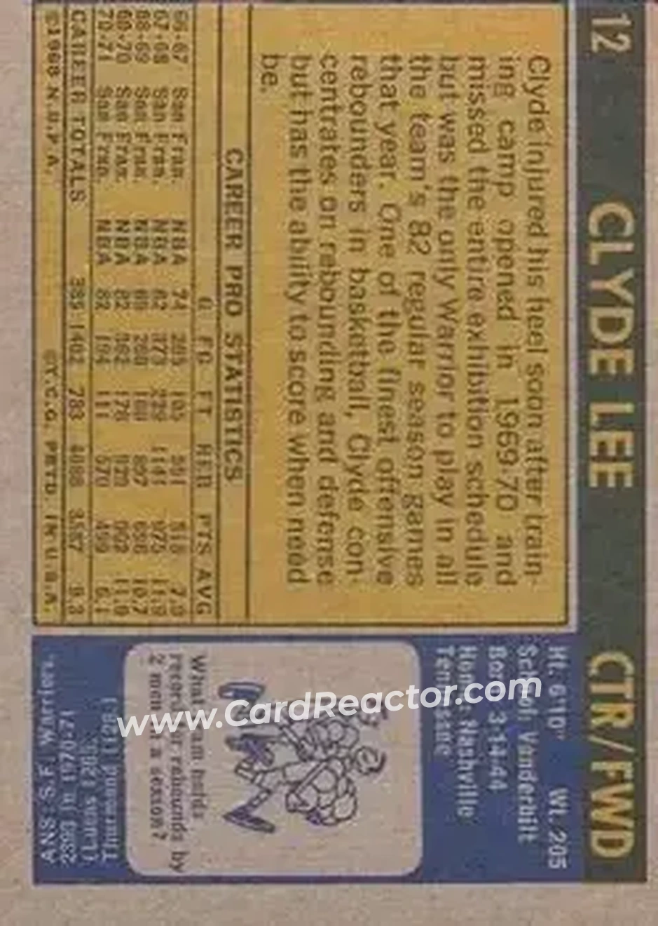 1971-72 Topps #12 - Clyde Lee - San Francisco Warriors - Back