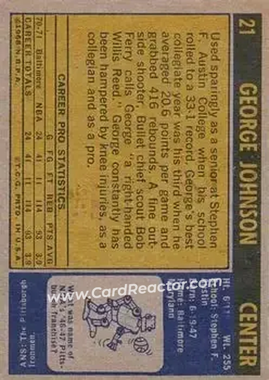 1971-72 Topps #21 - George E. Johnson - Baltimore Bullets - Back