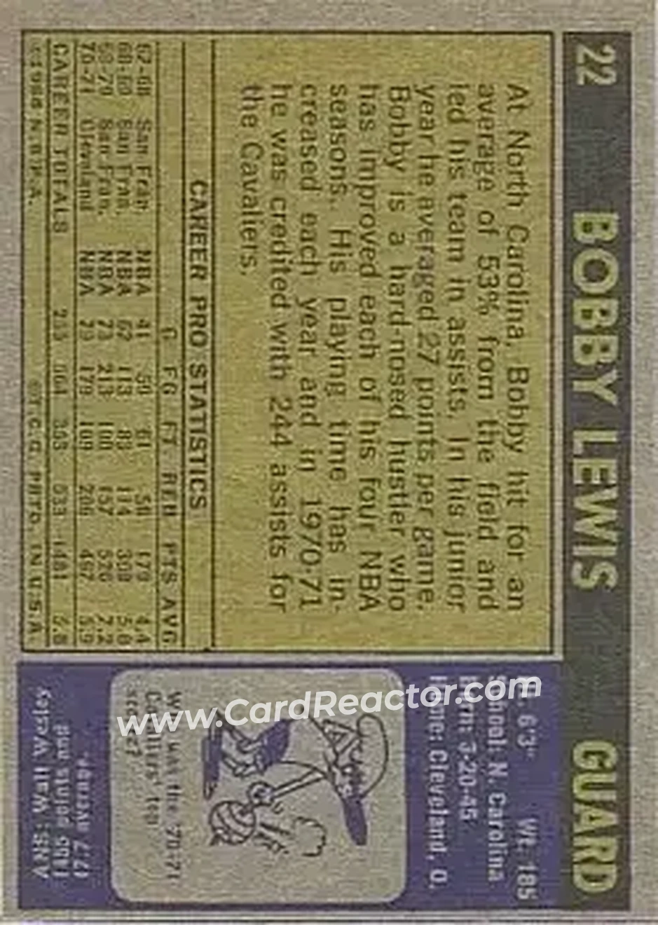 1971-72 Topps #22 - Bobby Lewis - Cleveland Cavaliers - Back